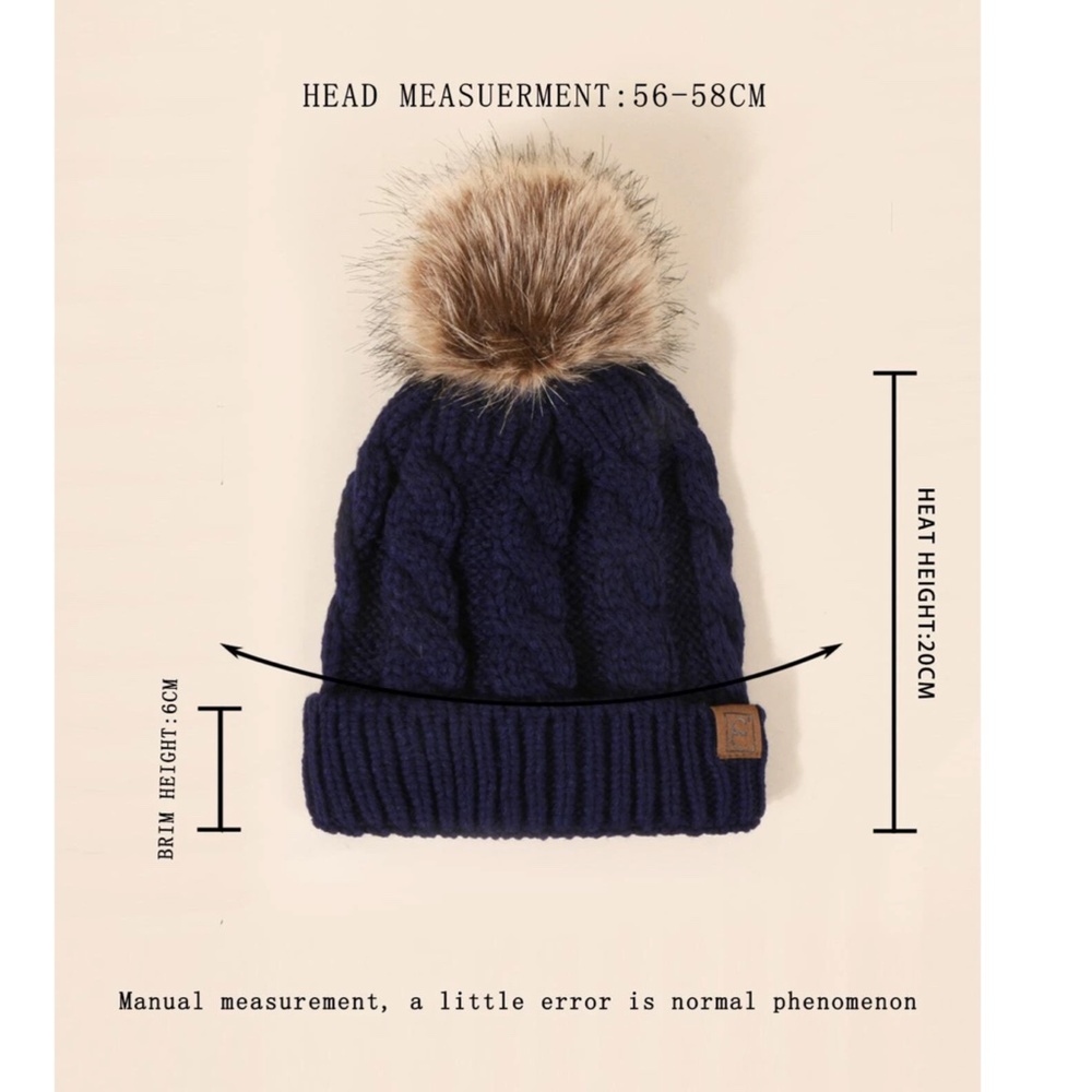 Navy Blue Cable Knit Beanie Hat Faux Fur Pom Pom   100% Acrylic - Picture 4 of 11